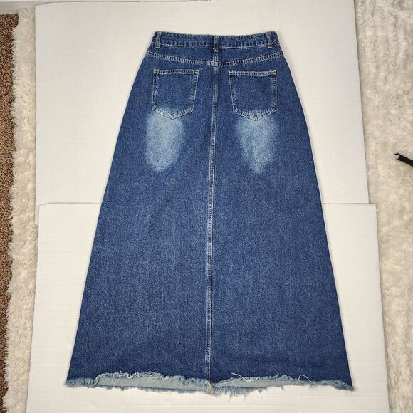 Denim Skirt Maxi Skirt Frayed Hem Jean Skirt Long To The Floor A-line M - Picture 3 of 11